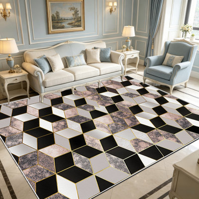 Tapis géométrique noir et rose de 1 pièce, élégant tapis décoratif polyvalent, facile à nettoyer et à entretenir, meuble idéal pour la chambre à coucher, le salon, le couloir, le vestibule, le dortoir et le bureau afin de rafraîchir l'ambiance intérieure de votre maison