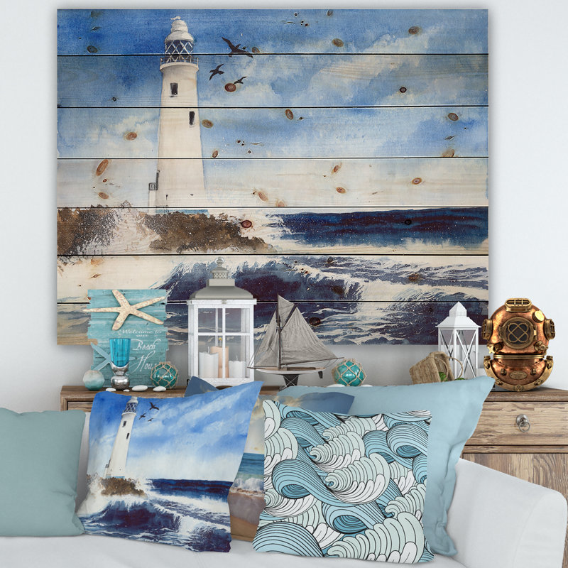 Phare sur une île rocheuse avec des mouettes - impression nautique et côtière sur bois de pin naturel