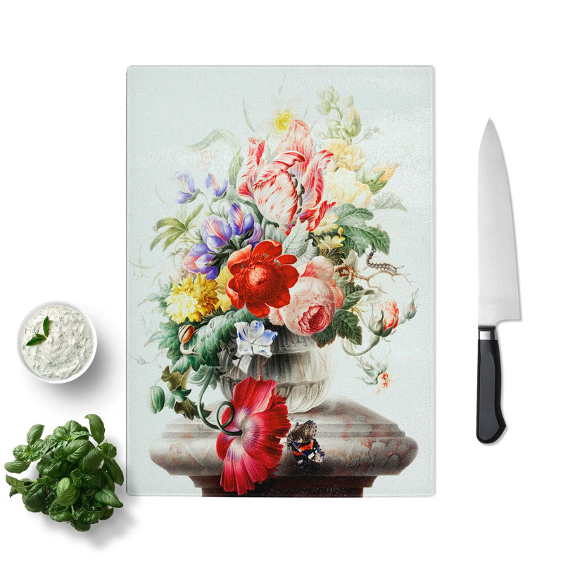 Tempered Glass Butterfly and Flowers Chopping Board, 20 cm W x 28.5 cm L