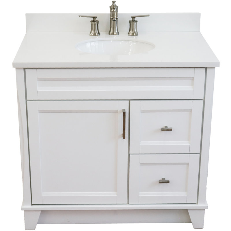 Amedea 37'' Single Bathroom Vanity with Top, White, White Quartz