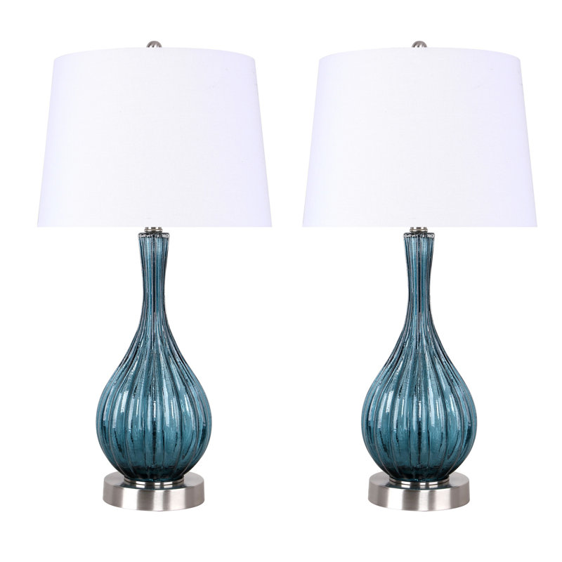 Ensemble de lampe de table Rami, Bleu, H 27,25 po x l 14 po x P 14 po, Blanc cassé / blanc