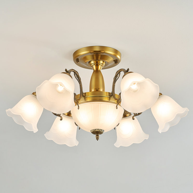 6+2-Light Semi-Flush Mount Ceiling Light, Chandelier with Frosted Glass Shades, Gold Brushed Nickel