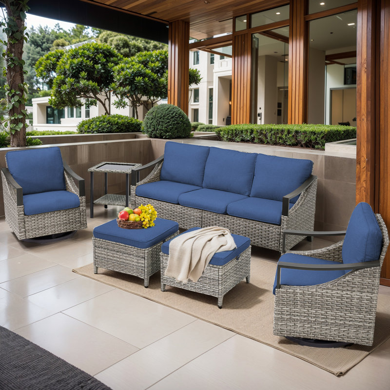 Brunilde Wicker 5 - Person Patio Conversation Set with Cushions, Blue