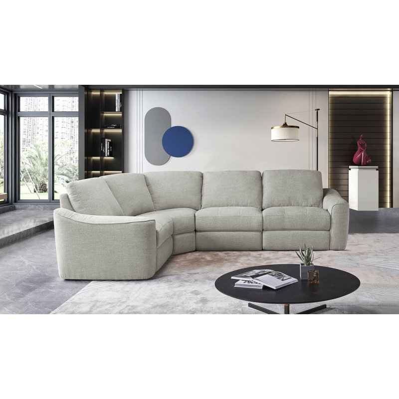 Upholstered Power Motion Modular 4-Piece 3-Recliner L-Sectional, Gray Green Polyester