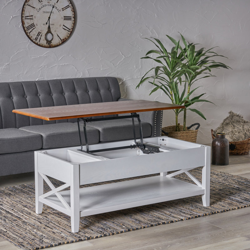 Table basse à plateau relevable avec rangement de style campagnard Atherton, Brun, Blanc
