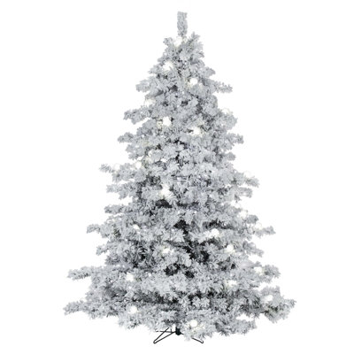 Vickerman 10' x 82" Flocked Alaskan Artificial Pre-Lit Christmas Tree with 91 Warm White G50 and 1200 Warm White LED Mini Lights, 2911 Flocked Realistic PVC Tips, 6' Step On/Off Power Cord and Folding Metal Tree Stand. Assembly is required.