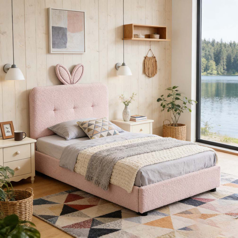 Lit tapissier avec tête de lit surdimensionnée, lumière DEL et 4 tiroirs de rangement, Lit simple, Rose