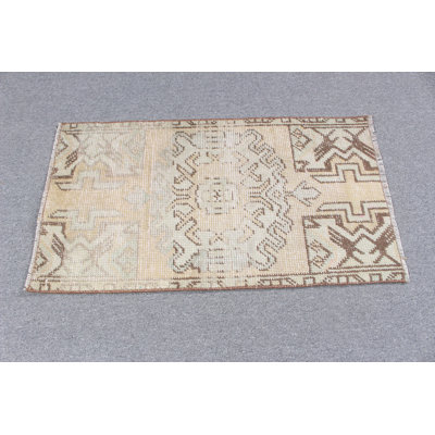 Small Beige Turkish Rug With Geometric Patterns Ideal For Entryway