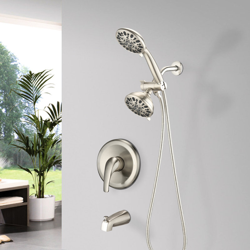 High Shower System With Tub Spout And Valve - 2 In 1 . 7 Spray Patterns Head. Dual, Brushed Nickel