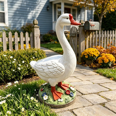 20" DIY Paintable White Goose Garden Statue, Magnesia Outdoor Yard Sculpture with Floral Base, Farmhouse Decor for Patio Lawn Backyard