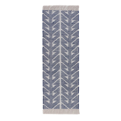 Tapis bleu / ivoire tissé à la main à motif géométrique Up and Down