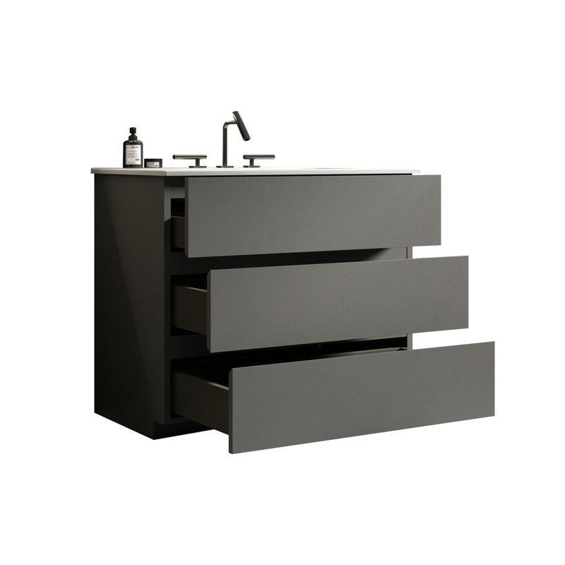 Meuble-lavabo gris 36 po - Intérieur spacieux, armoires silencieuses à grande capacité, fonctionnement en douceur