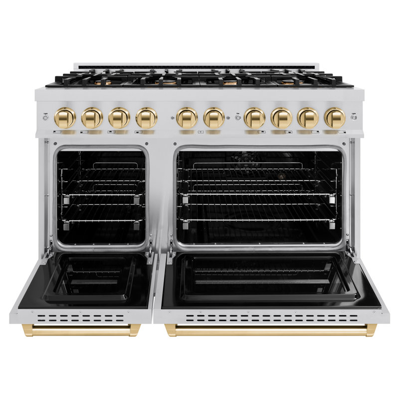 48" Stainless Steel and Gold Double Oven Gas Range with 8 Burners