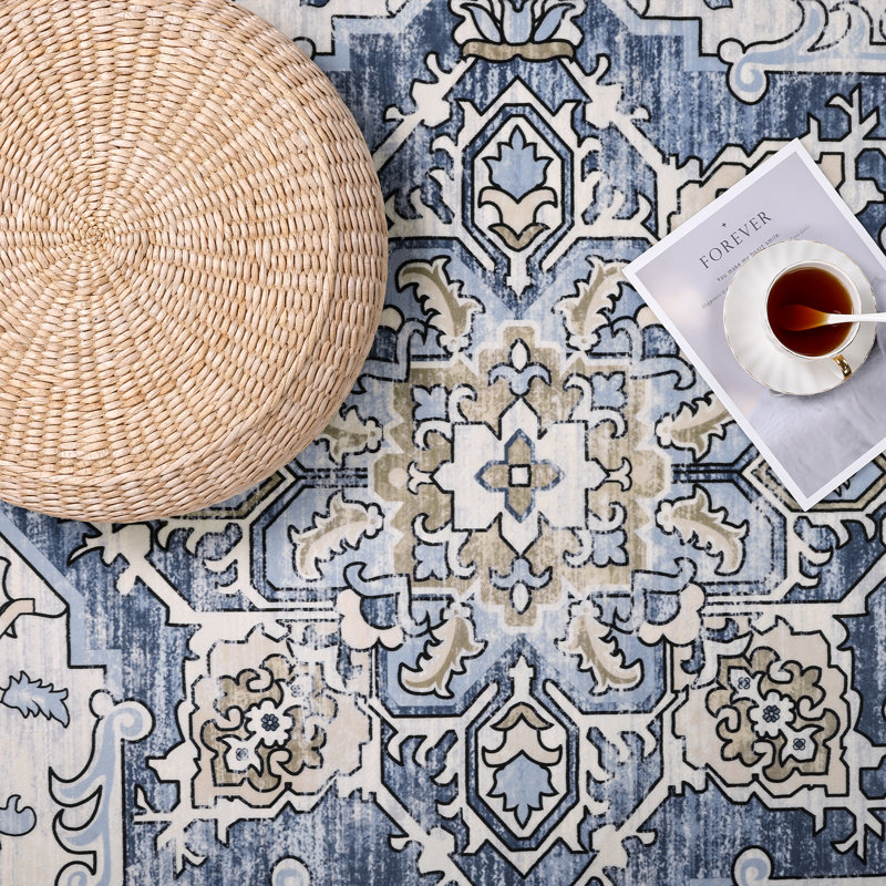 Tapis oriental bleu / beige lavable à la machine, Rectangle 5 pi x 7 pi
