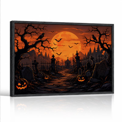 Cimetière gothique avec citrouilles lumineuses et toile murale orange pour l'Halloween