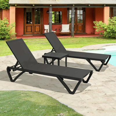 Pool Lounge Chairs Set Of 2 With Side Table, Aluminum Adjustable Outdoor Chaise Lounge With Wheels, All Weather Poolside Chairs For Deck Lawn Patio Backyard, Textilene- Dark Gray