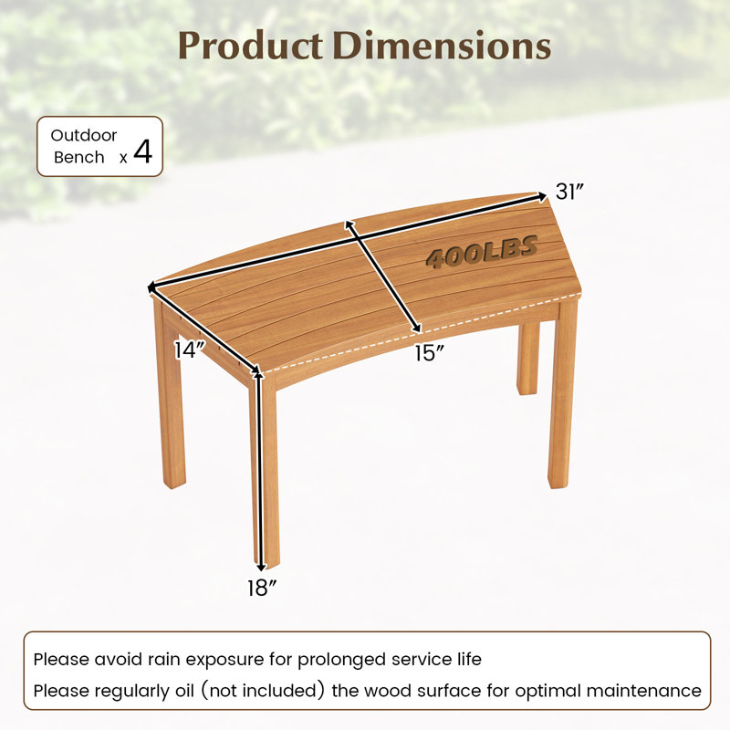 Banc d'extérieur courbé en bois d'acacia