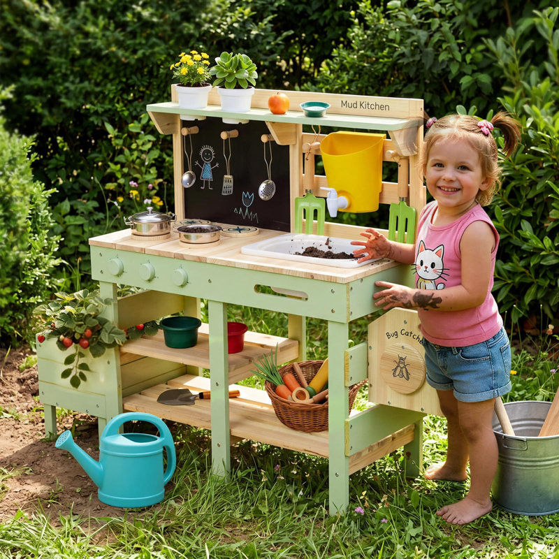 Kids Outdoor Mud Kitchen, Solid Wood Play Kitchen with Working Faucet, Detachable Sink, Planter Box, Bug Viewer and Accessories
