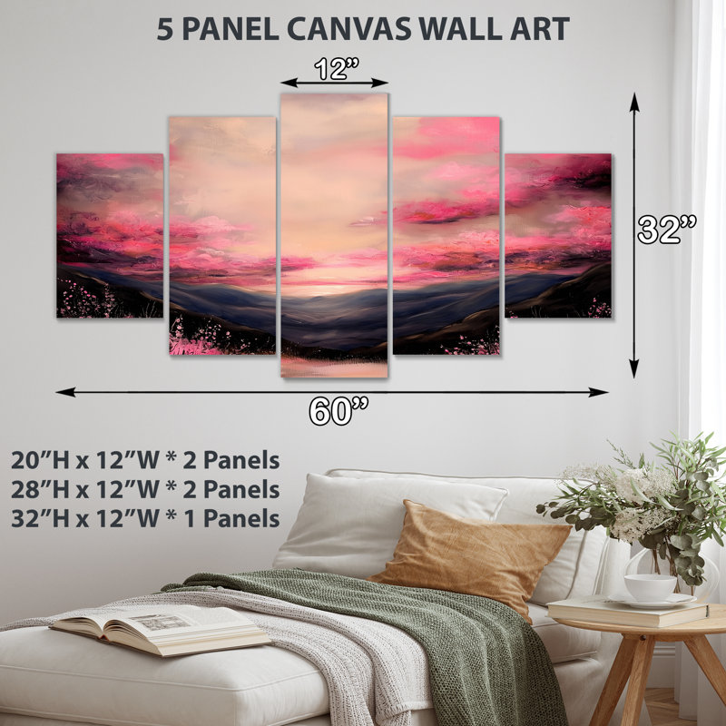 «Pink Skies Over Vermont Mountains I», décoration murale 5 panneaux