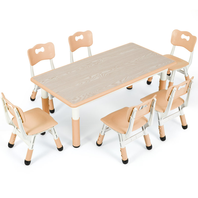 Kids Table and 6 Chairs Set, Height Adjustable Graffiti Desk, Preschool Activity Art Craft Table, for Daycare Classroom Home Boys and Girls Age 3-12 (Beige)