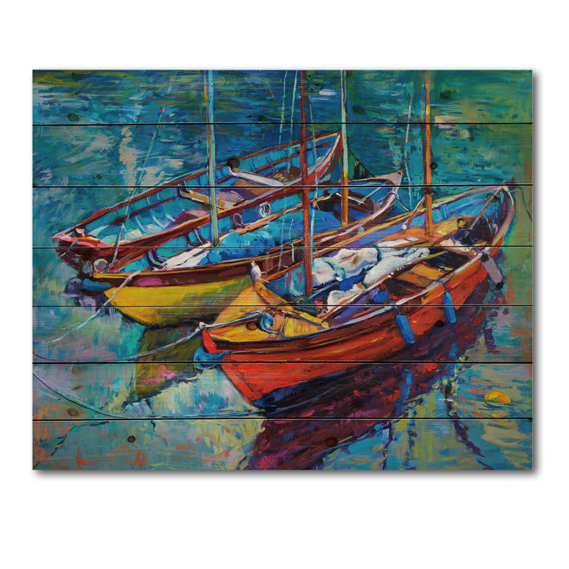 Trois bateaux dans le port - Impression nautique et côtière sur bois de pin naturel, H 10 po x l 20 po x P 0,78 po