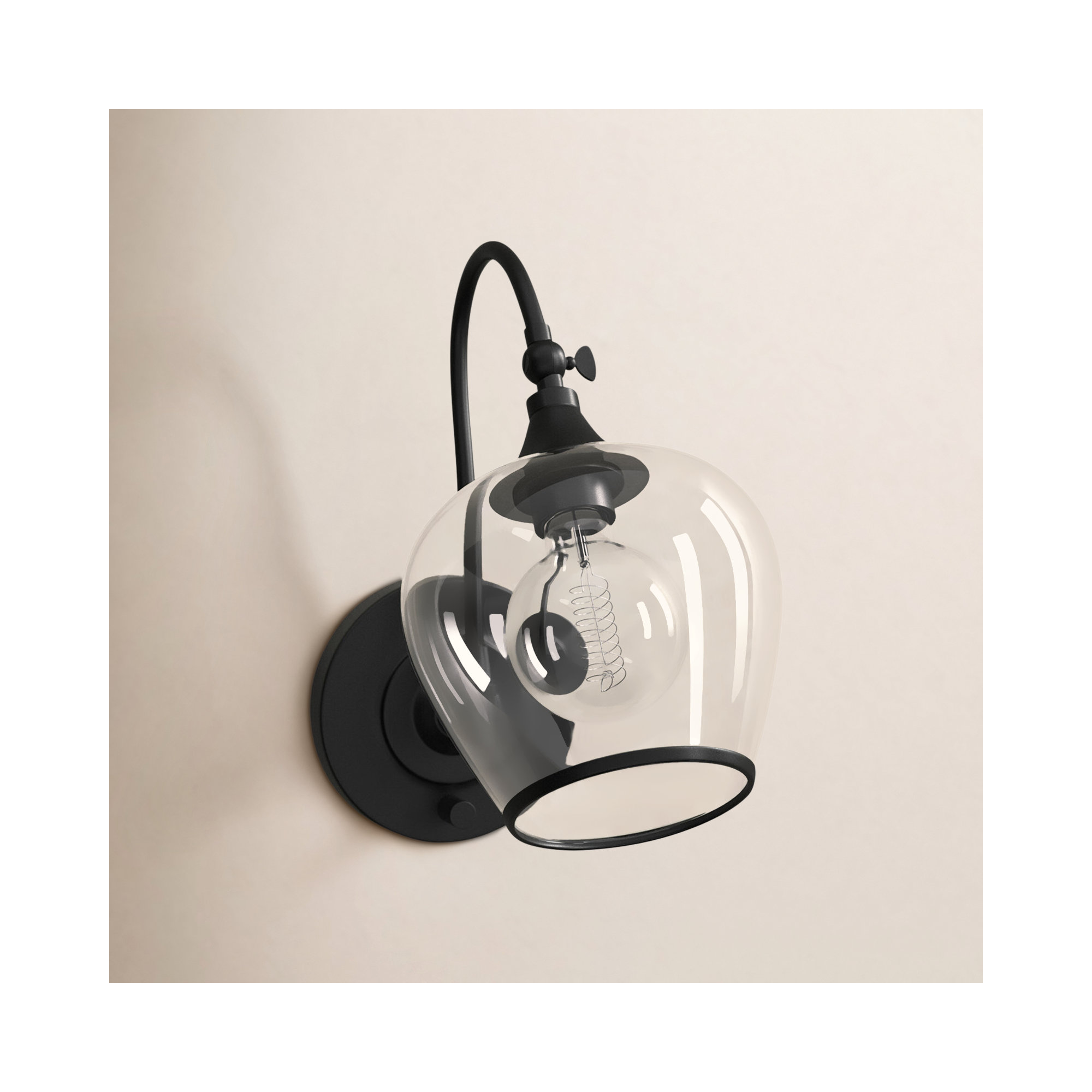 Single Light Glass Dimmable Armed Sconce, Black