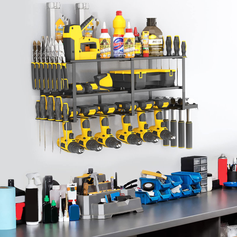 Tablette à outils robuste avec porte-outils compact et flottant 2 couches 3 pièces - support de rangement pour 6 perceuses