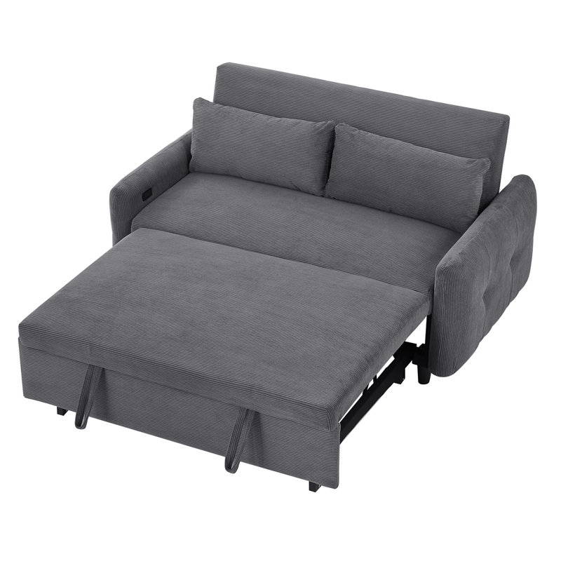 Canapé-lit convertible convertible avec causeuse USB à 2 places en velours côtelé pour petits espaces, Gris foncé