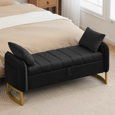 51" Bedroom Storage Bench End of Bed with Gold Curved Legs and 2 Pillows