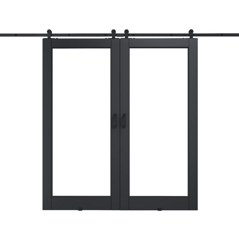 2 x 32 po x 80 po 1 surface de verre noire pré-finie avec toute la quincaillerie de porte de grange, 64in.x 80in.