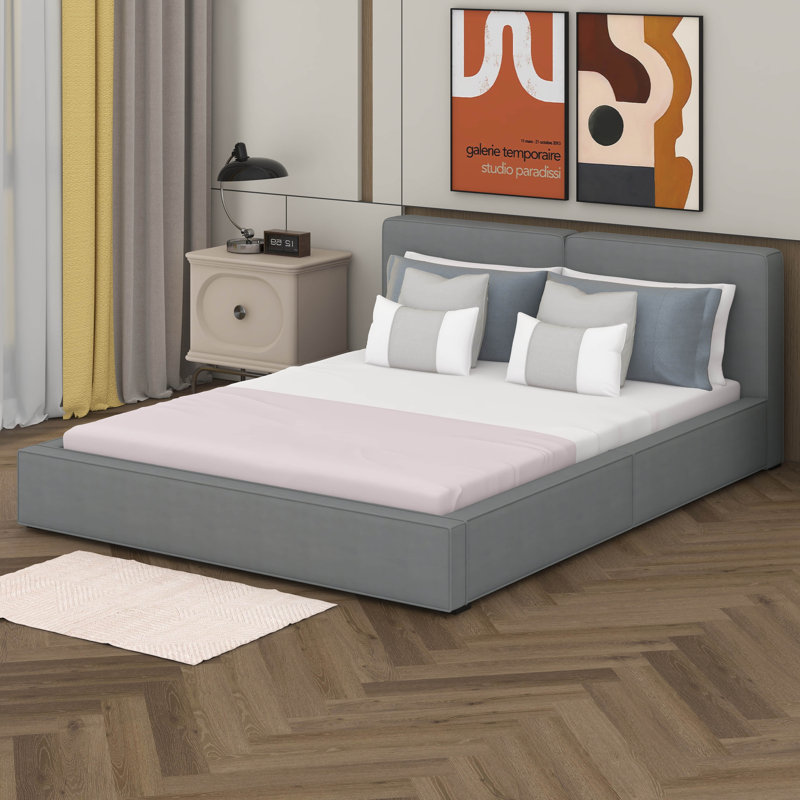 Queen Size Upholstered Platform Bed With Solid Frame, Gray