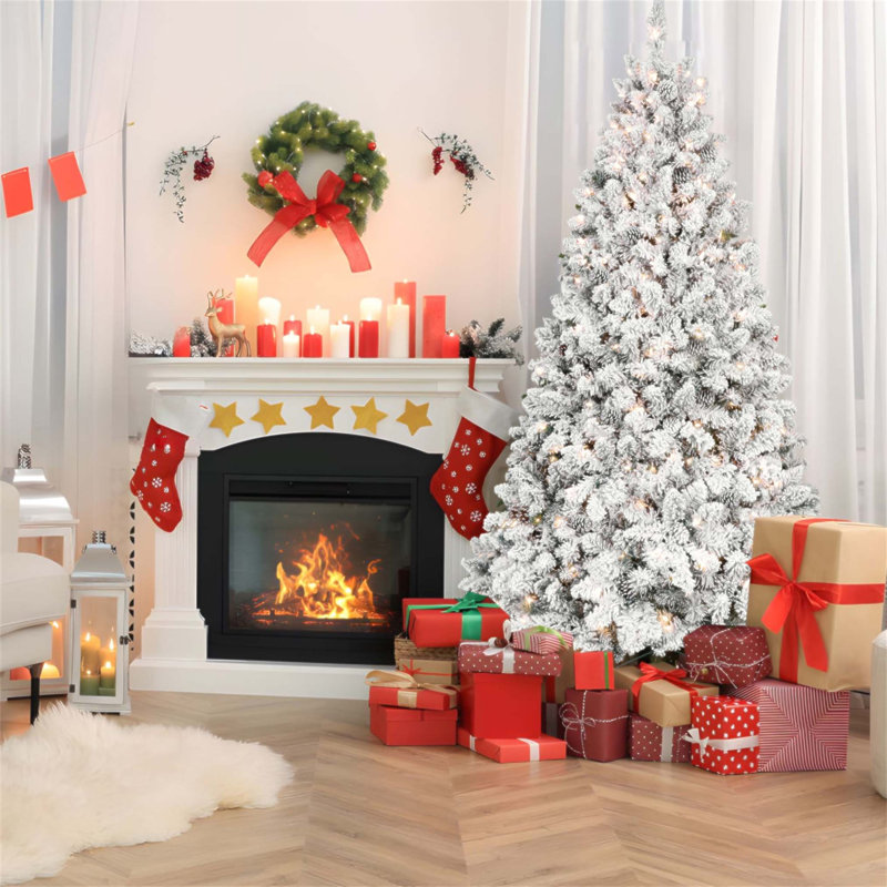 Arbre de Noël enneigé 5 pi avec 300 lumières UL et 27 pommes de pin naturelles, structure articulée et support en métal stable