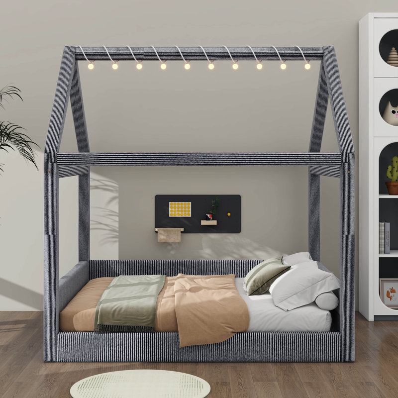 Full Size Fabric-Covered House Daybed Featuring LED Light Strips, Gray