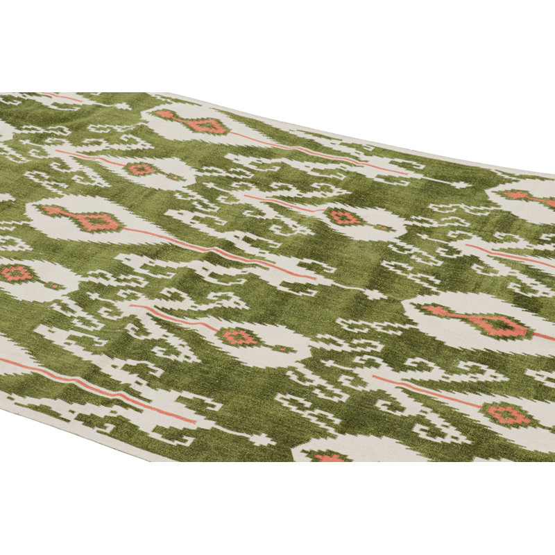 Rug & Kilim’S Contemporary Dhurrie Rug In Green With White & Pink Ikats Patterns