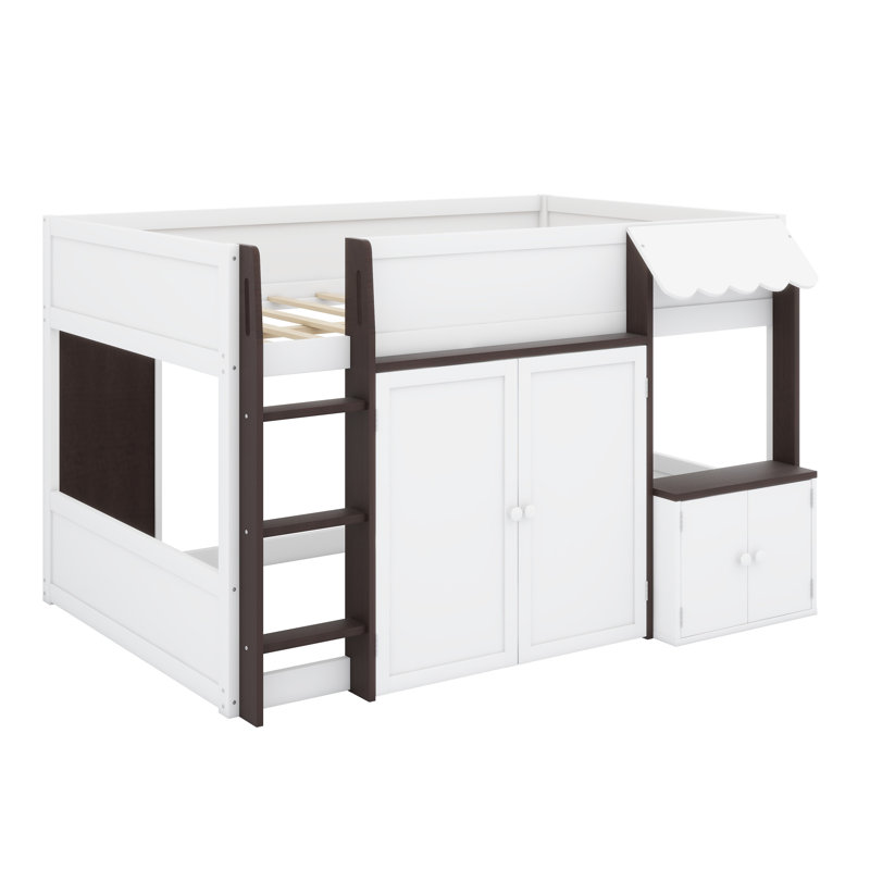 Lit moderne de style maison avec une maisonnette intégrée et des compartiments de rangement intégrés, Espresso / blanc