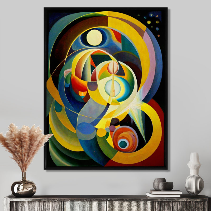 Origine du monde, couleurs rétro - art mural géométrique, Toile avec cadre flottant noir, H 44 po x l 34 po x P 1,5 po