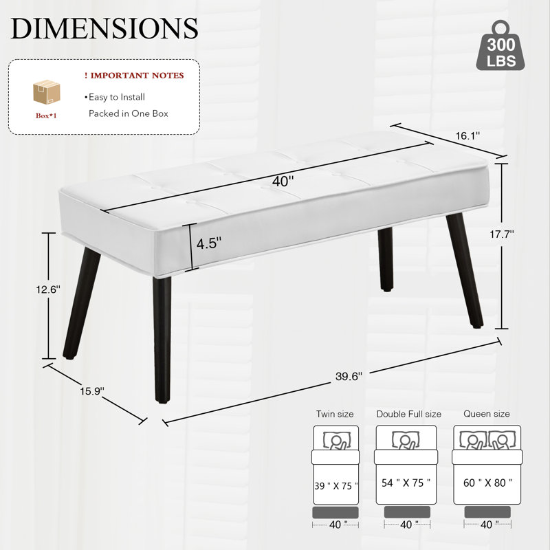 40'' Wide Modern Upholstered Tufted Entryway Bench, 17.7" H x 40" W x 16.1" D, White Faux Leather