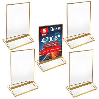 Double-Sided Clear Acrylic Frames with Gold Accent Trim 4" Wide x 6" High, 5 Pack
