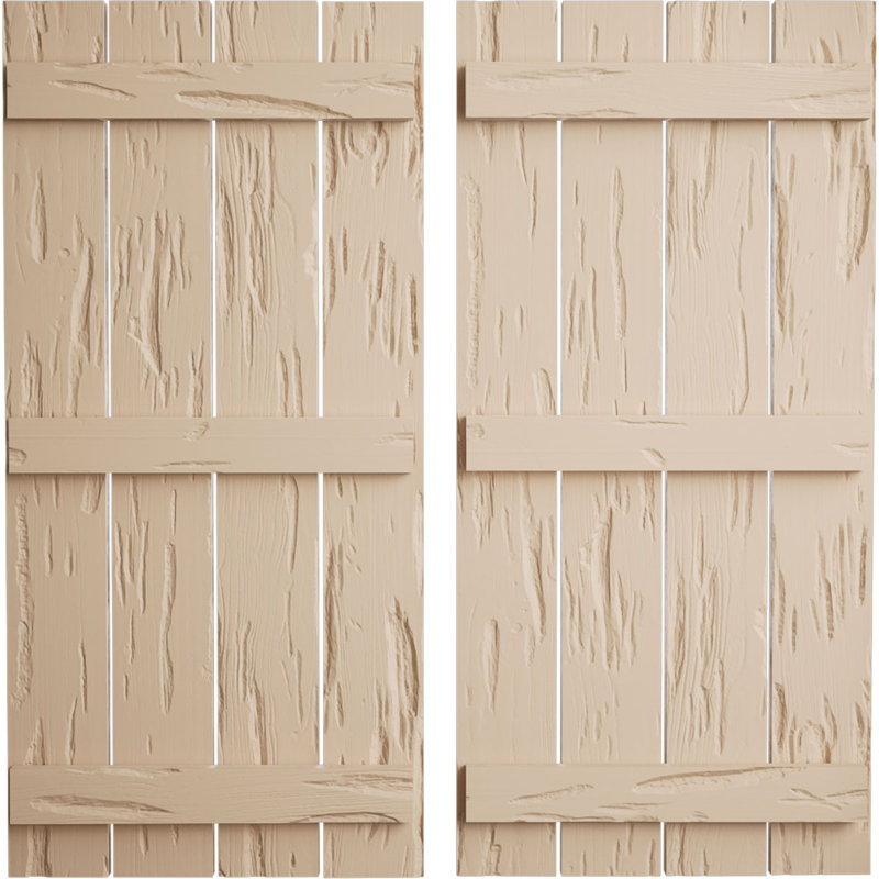 Volets rustiques en faux bois à quatre planches espacées (par paire), Texture cyprès Pecky / brun clair apprêté, 23"