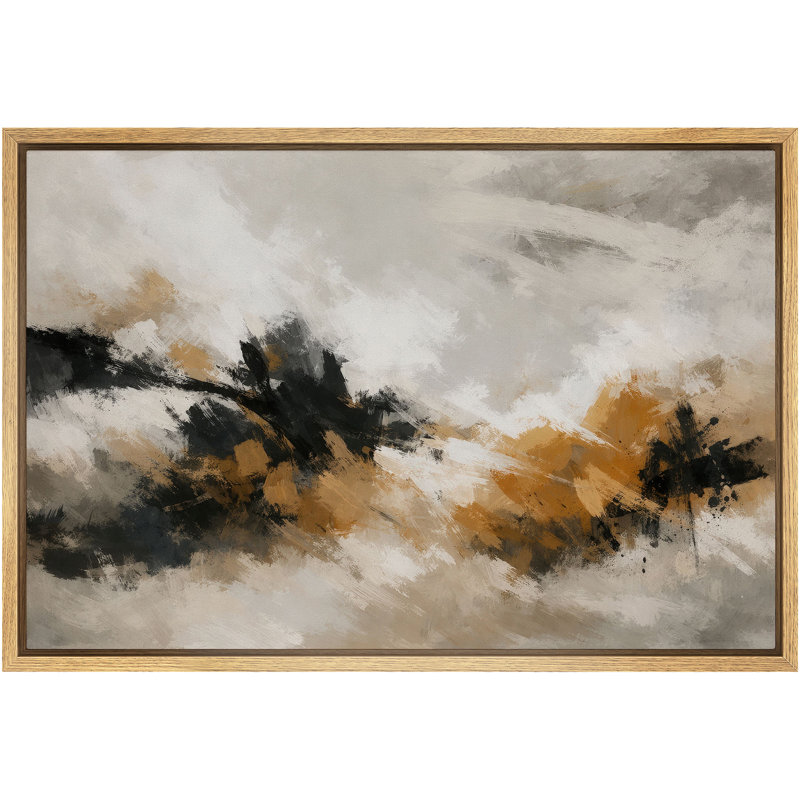 Bold Neutral Abstract Artwork with Black and Ochre Forms, Living Room Pictures, Framed Canvas Giclee Print Wall Art