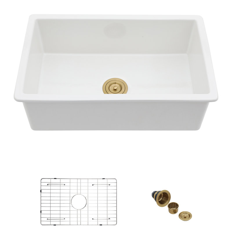Évier de cuisine encastré en céramique en argile réfractaire à simple cuve encastrable avec grille inférieure et crépine L 30 po x l 18 po