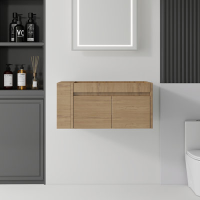 Armoire de meuble-lavabo mural 36 po en contreplaqué à finition chêne avec rangement à double porte et tablette latérale ouverte, armoire seulement