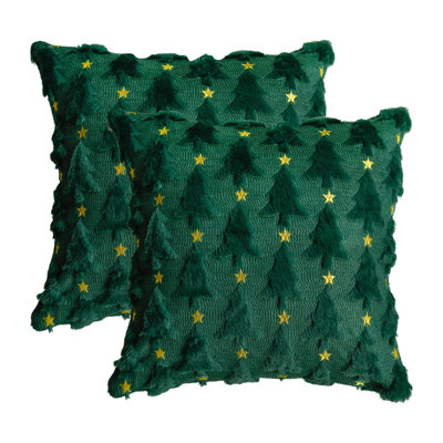 18x18 Inch Set of 2 Green Christmas Pillow Covers - Tree Star + Plush Faux Fur Jacquard - Winter Sofa/Couch Decor