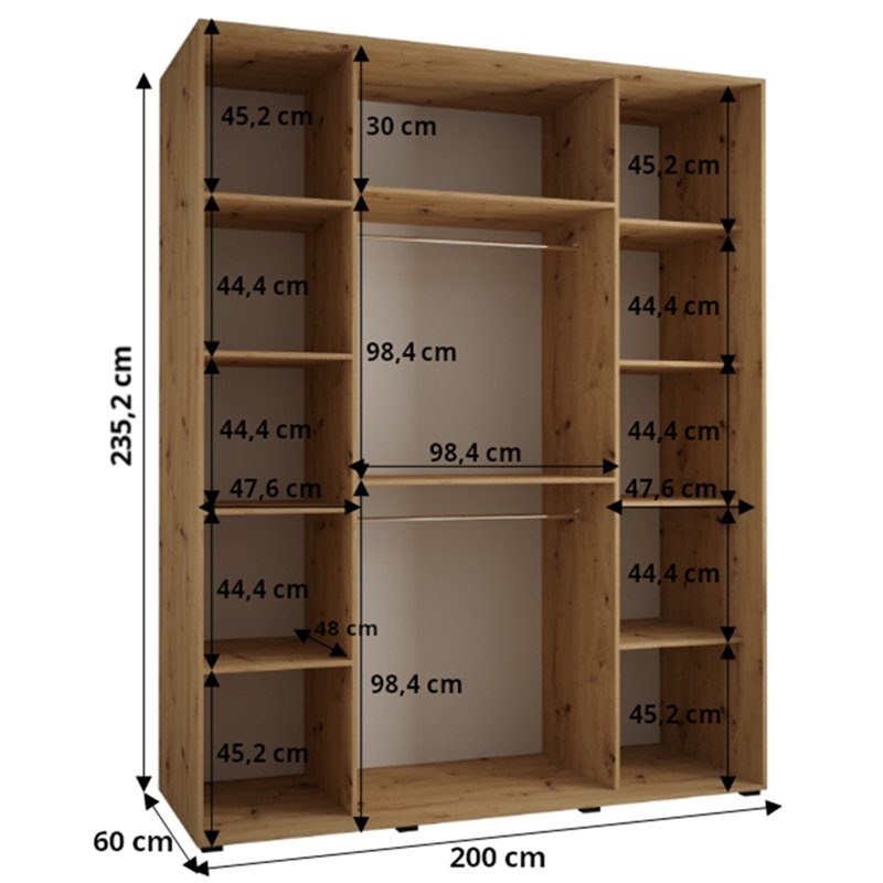 3 Door Manufactured Wood Wardrobe, Natural, 235.2cm H x 200cm W x 60cm D