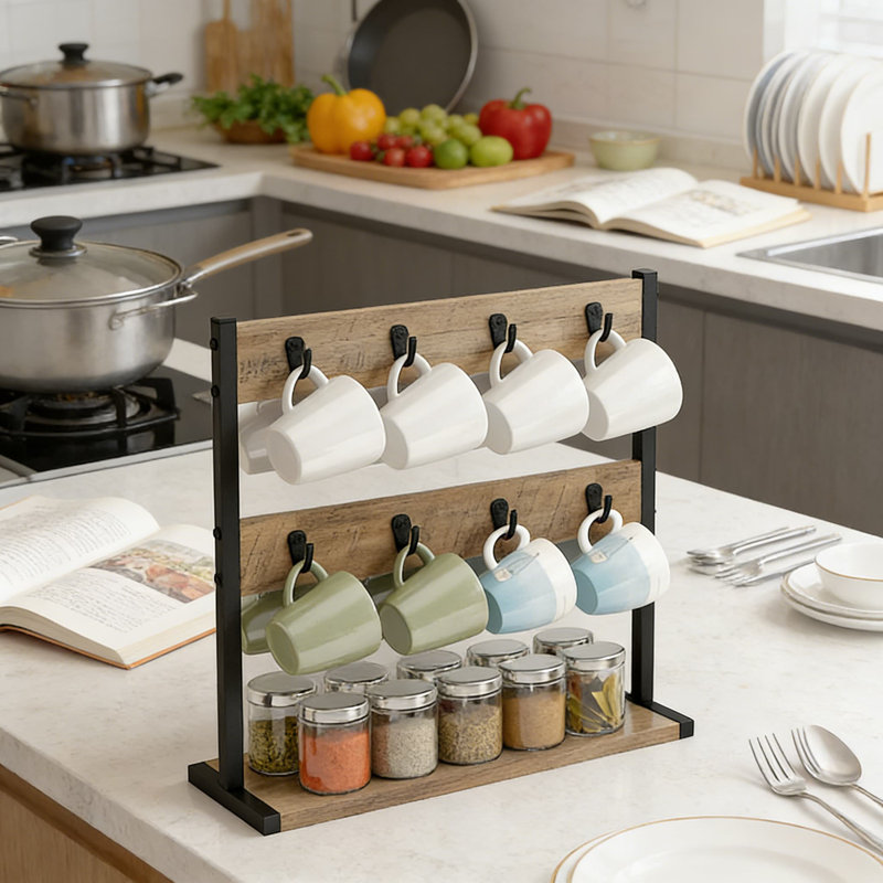 Porte-arbre industriel avec base de rangement et support à 16 tasses pour la cuisine, le café et la maison