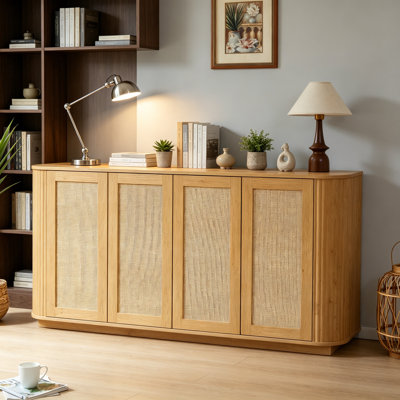 64-Inch Wooden Sideboard With Rattan Accents For Hallway