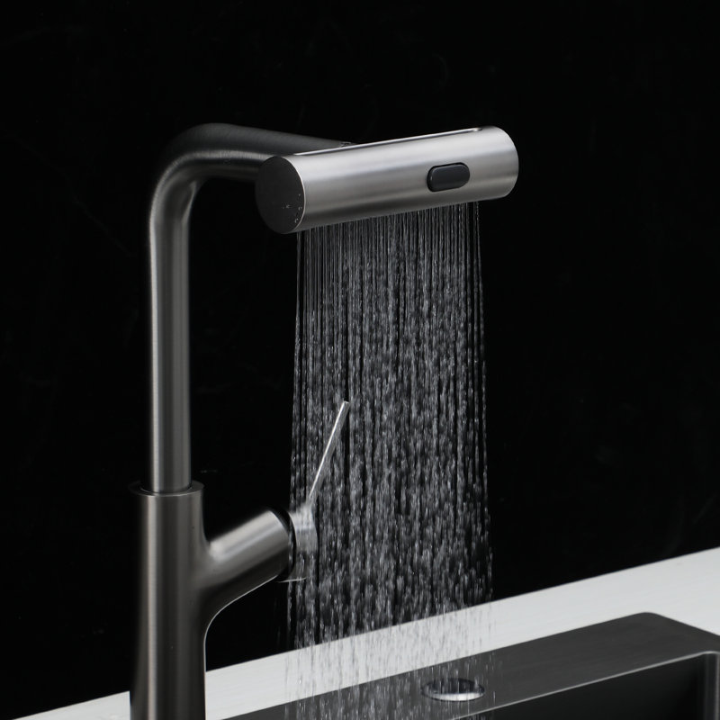 Commercial-Grade Waterfall Kitchen Faucet - Single Handle Pull Down Sprayer with 4 Modes, 360°Swivel & Rustproof Stainless Steel