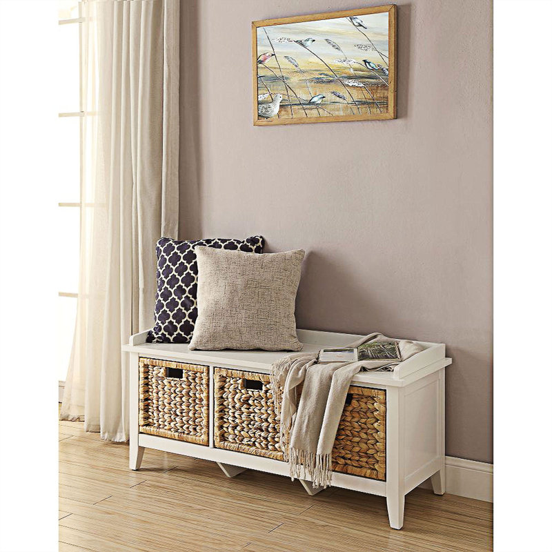 White Wood and Rattan Storage Bench with Drawers