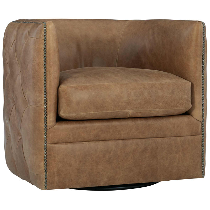 Palazzo Upholstered Swivel Barrel Chair, Brown Genuine Leather