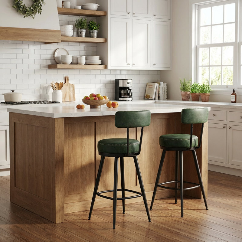 Tabourets Angelleah avec dossier, cuir synthétique, Vert, Tabouret de comptoir (siège d'une hauteur de 25,6